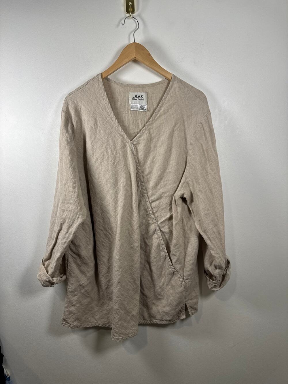 FLAX by Jeanne Engelhart Linen Faux-Wrap V-Neck Tunic Top Natural Large
